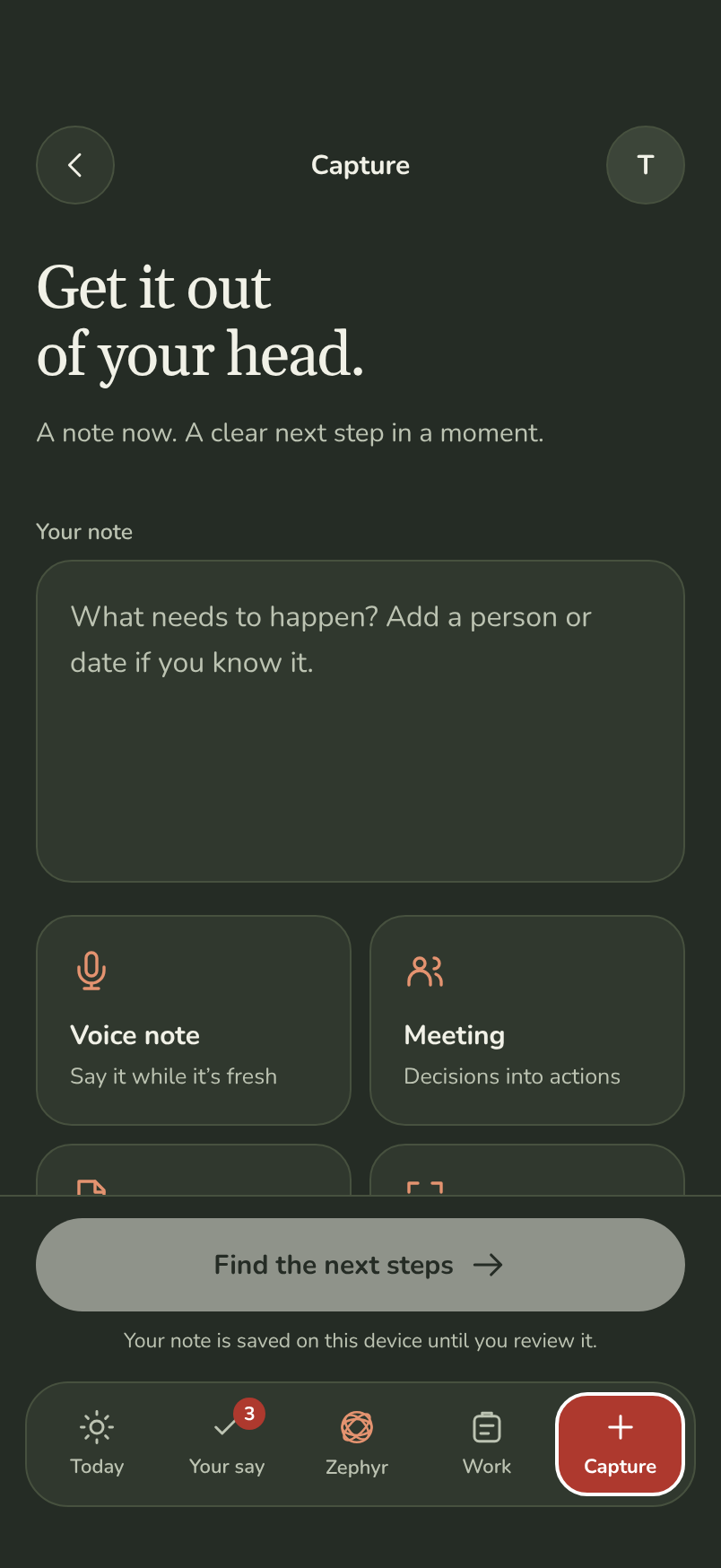 The Zephyr capture sheet: voice, scan, file and note options on one screen.