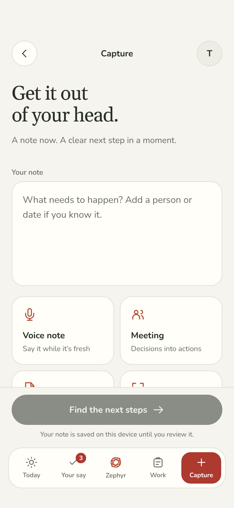 The Zephyr capture sheet: voice, scan, file and note options on one screen.
