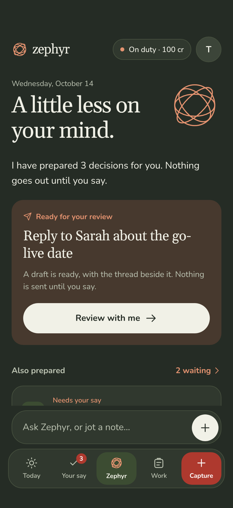 The Zephyr assistant screen, ready for a question about your own work.