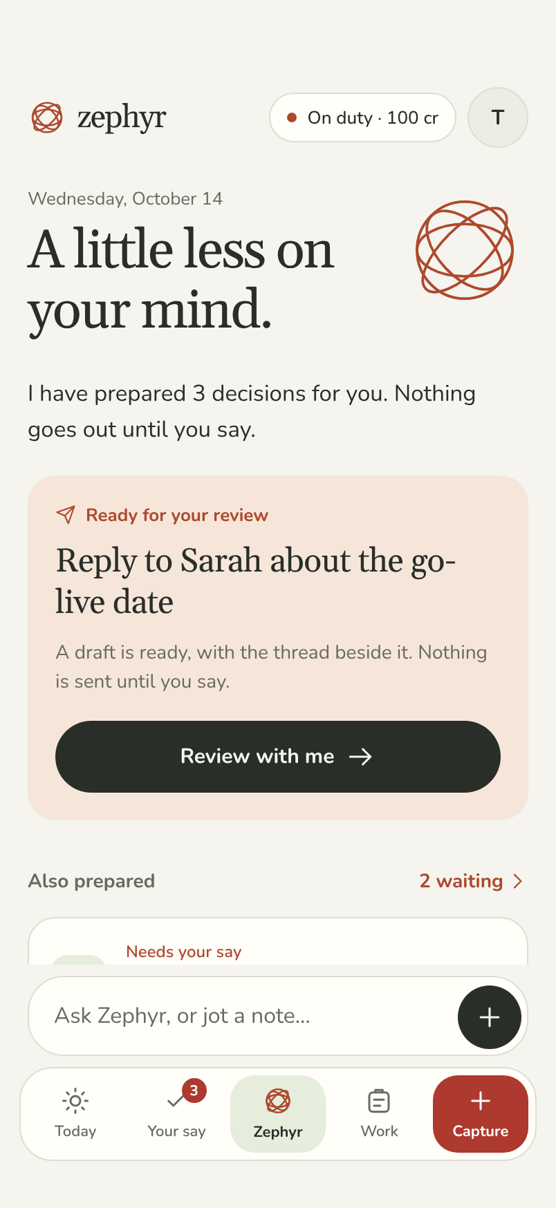 The Zephyr assistant screen, ready for a question about your own work.