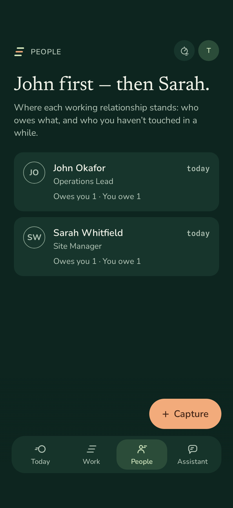 The Zephyr People screen: two working relationships, each showing what they owe you and what you owe them.