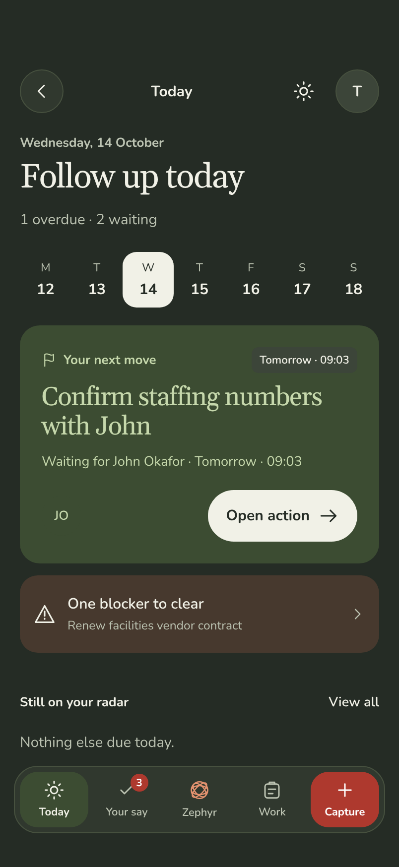 The Zephyr Today screen: one overdue action needing attention, two people being waited on, and the day's brief.