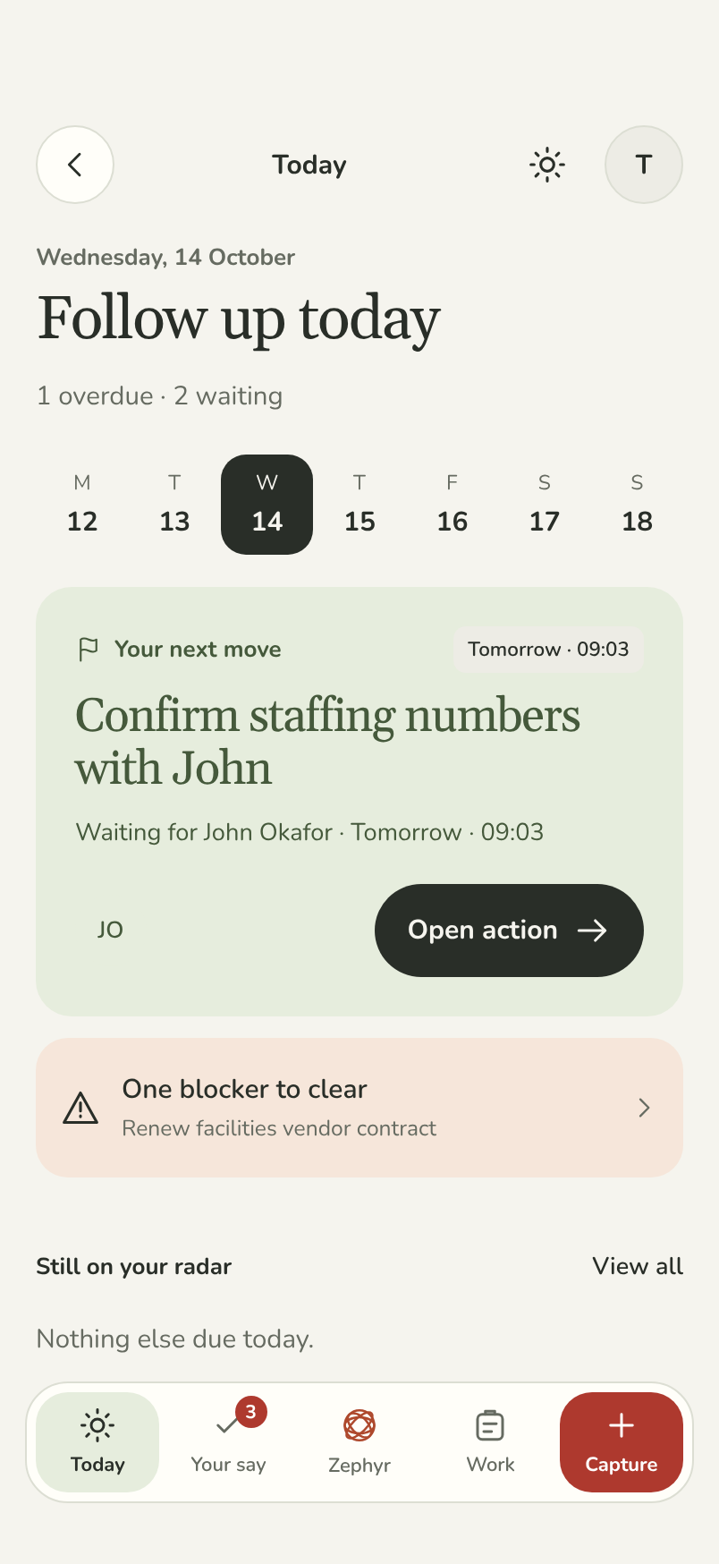 The Zephyr Today screen: one overdue action needing attention, two people being waited on, and the day's brief.